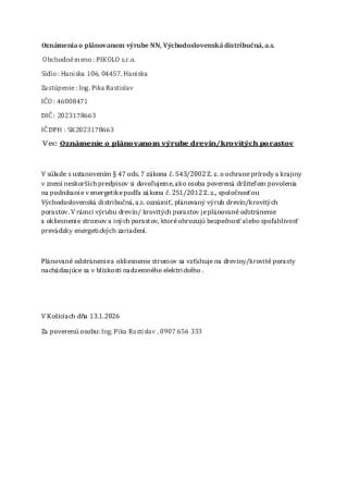 Oznámenie o plánovanom výrube drevín, krovitých porastov 